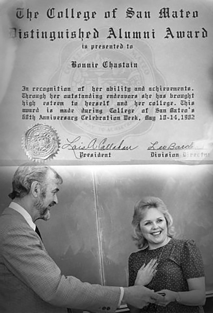 Dan Odum presents CSM’s Distinguished Alumni Award to broadcaster Bonnie Chastain