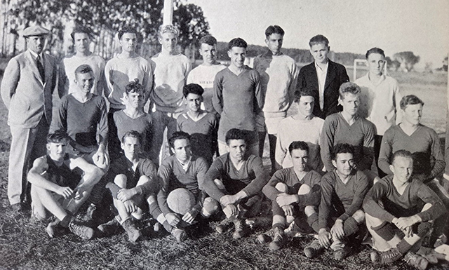 College president Charles S. Morris with student leaders at Coyote Point circa 1949