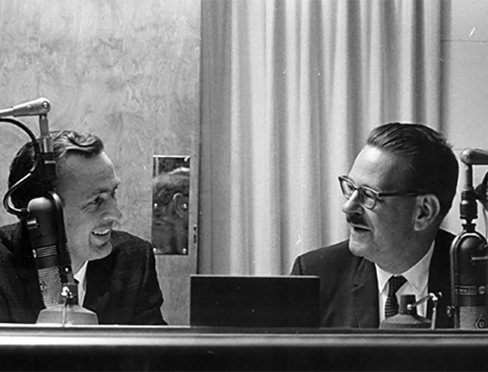 KCSM-FM manager Dan Odum, left, interviews John H. Steinway