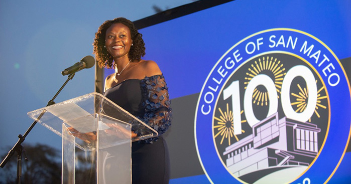 President Jennifer Taylor-Mendoza speaks at College of San Mateo’s Centennial Gala on March 31, 2022