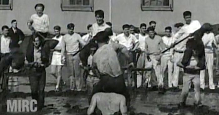 San Mateo Junior College freshmen and sophomores joust for Fox Movietone News cameras in the Feb. 19, 1929 Brawl at the Baldwin Avenue campus