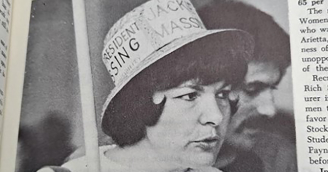 Jackie Massing campaigns for Associated Students of CSM president in December 1974