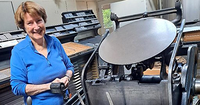 CSM emeritus Professor Robin Heyeck and the Chandler-Price platen press on which she prints fine-art limited editions of poetry and prose