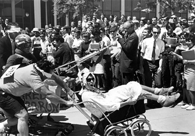 Students race buggies during a 1970s or 1980s Spring Fever week