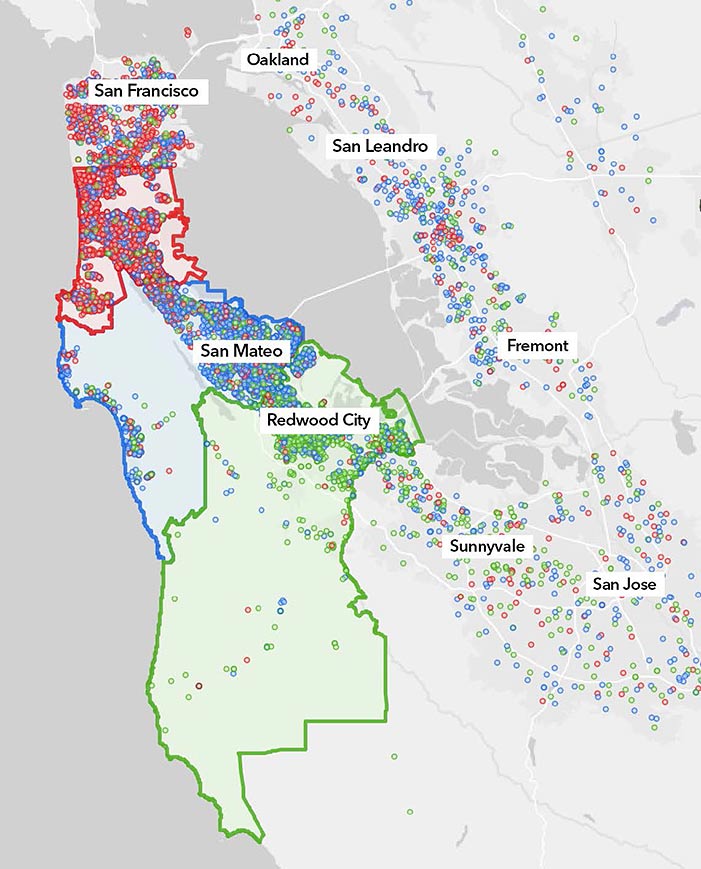 CSM students (represented by blue dots) served throughout the region