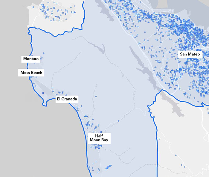 This map provides a visual display of where CSM&rsquo;s 2021-2022 Coastside students reside relative to the main campus