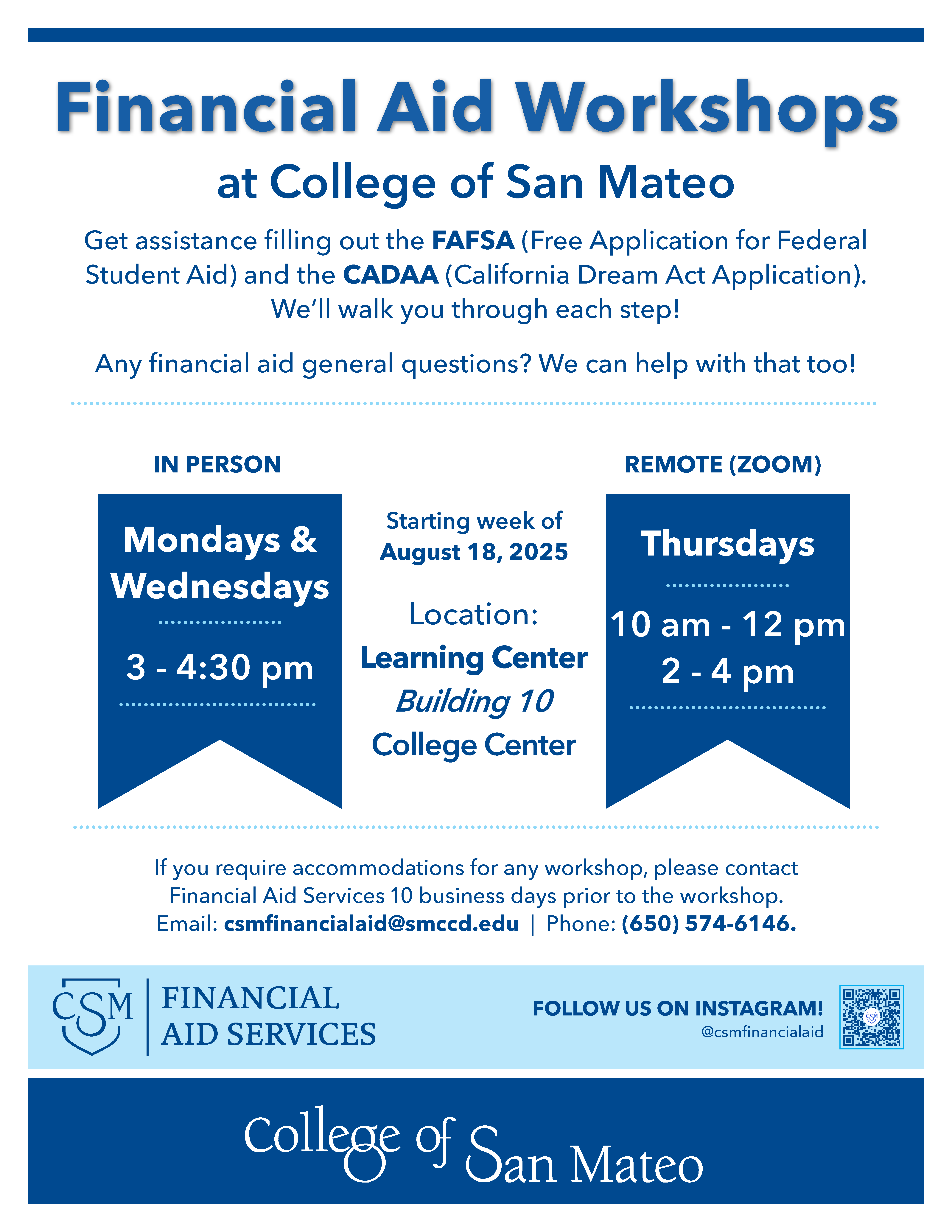Financial Aid workshops poster for Fall 2025