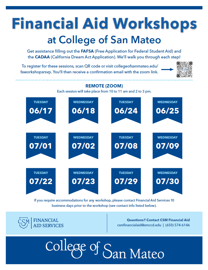 Financial Aid remote workshops poster for summer 2025