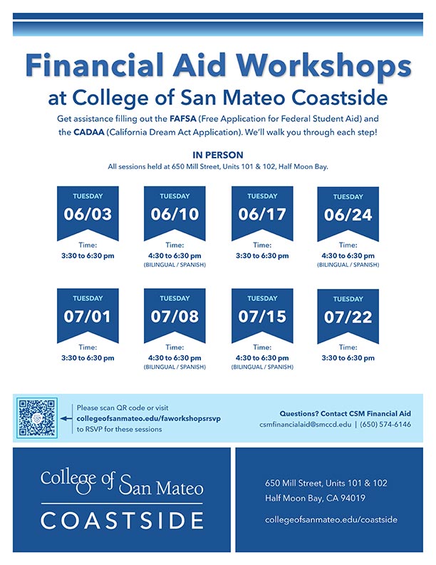 Financial Aid workshops poster for summer 2025 at CSM Coastside