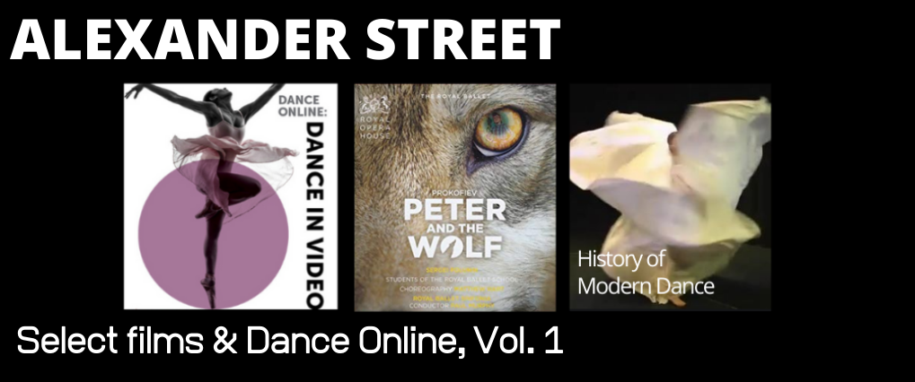 Poster images from Orlando, Dance in Video, Peter and the Wolf, and History of Modern Dance